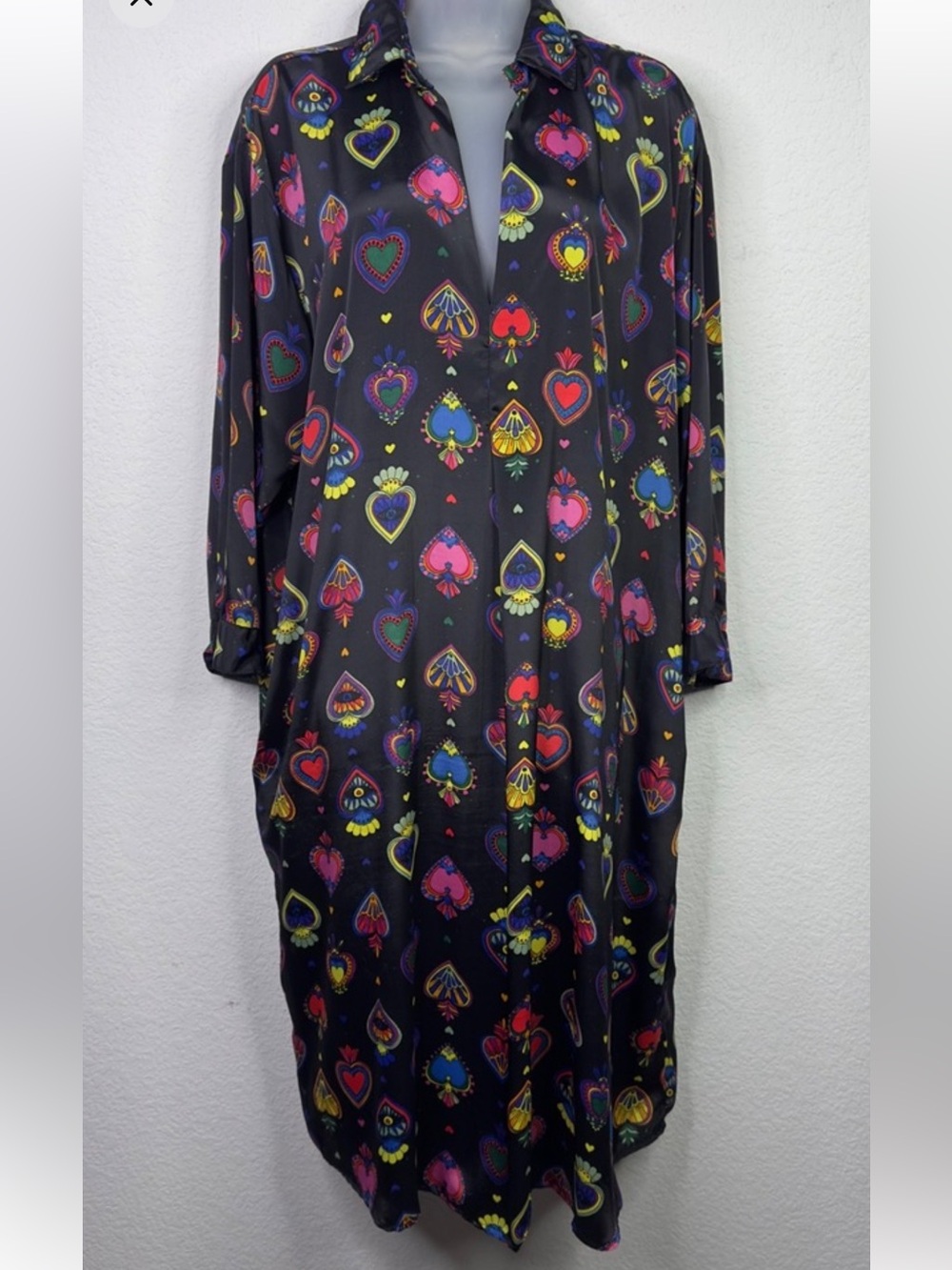 Black Multicolor Heart-Print Maxi Shirt Dress